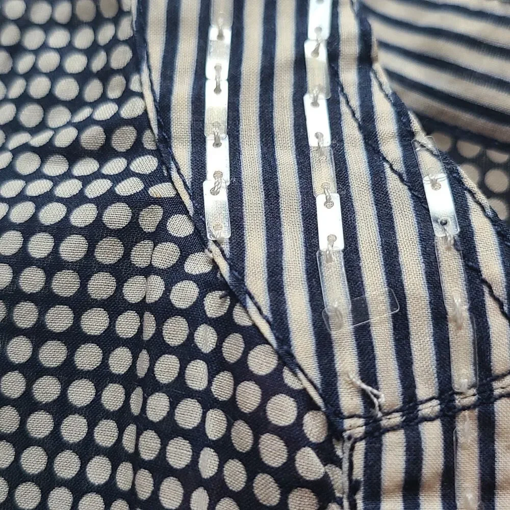 Tory Burch Top Tunic Navy White Sequin Split Neck Polka Dot Long Sleeve Size 8